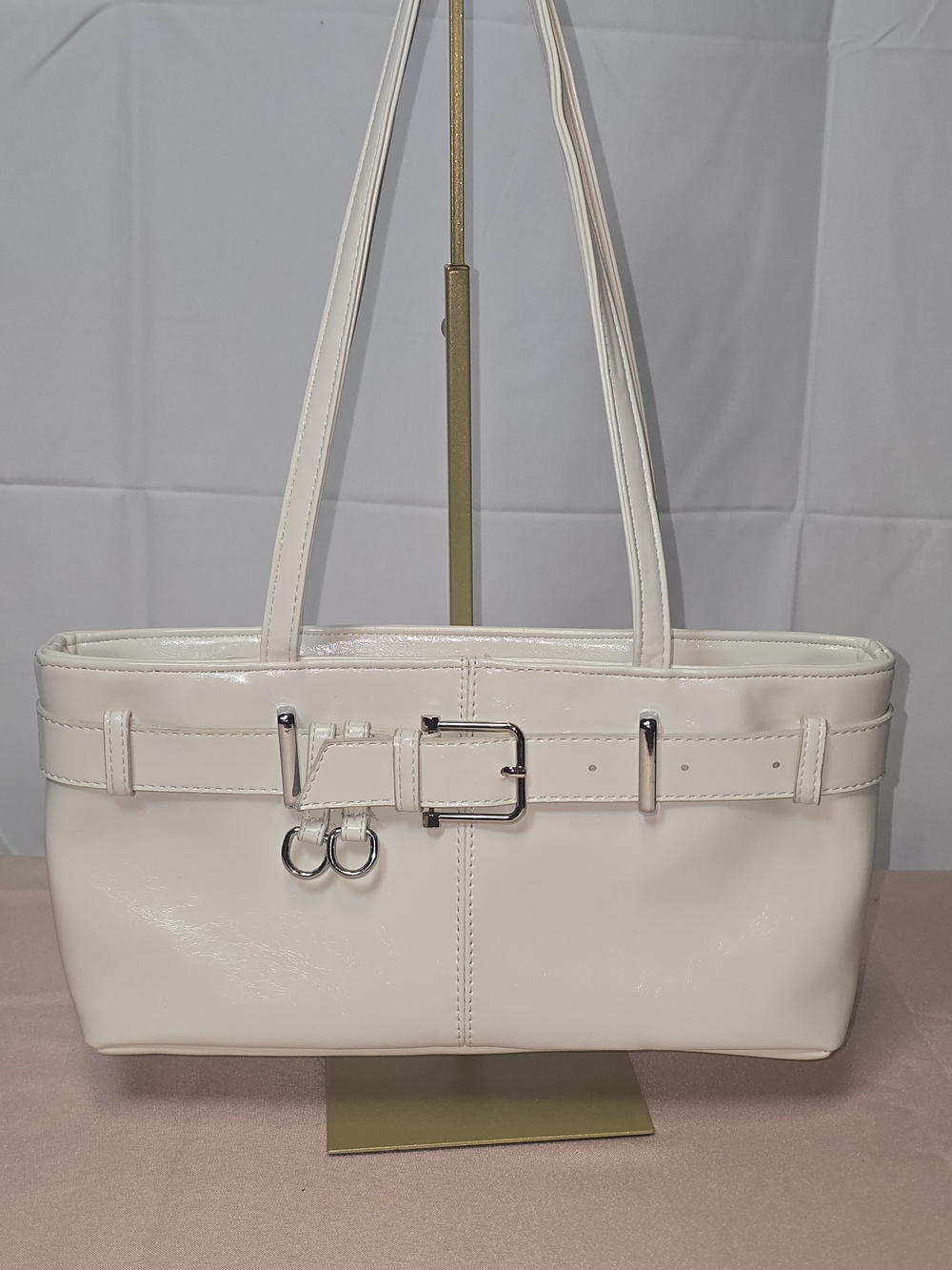 Cream Faux Leather Shoulder Tote with Belt Detail